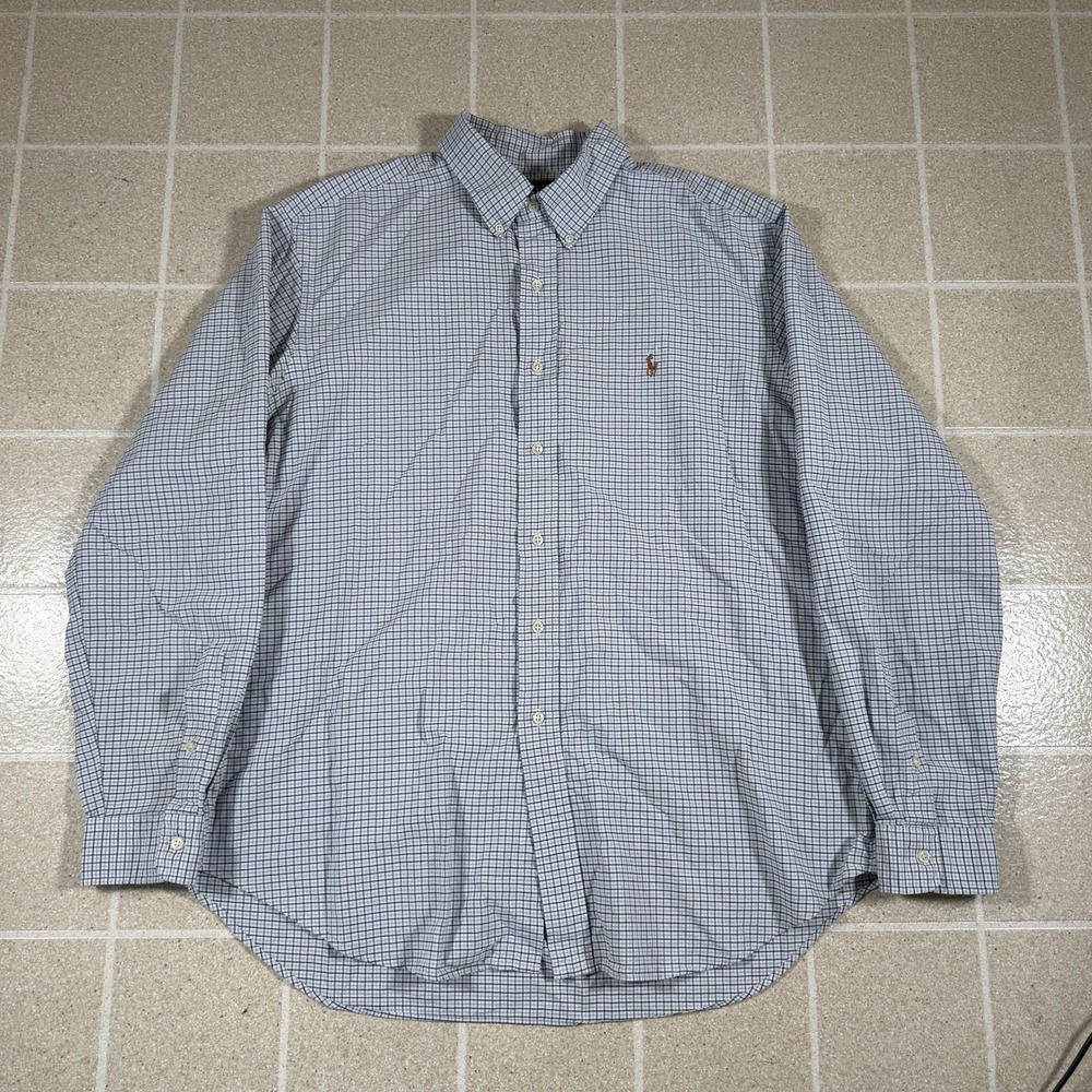 Vintage Polo Ralph Lauren Shirt Mens XL Blue Windowpane Plaid Flesh Pony Classic